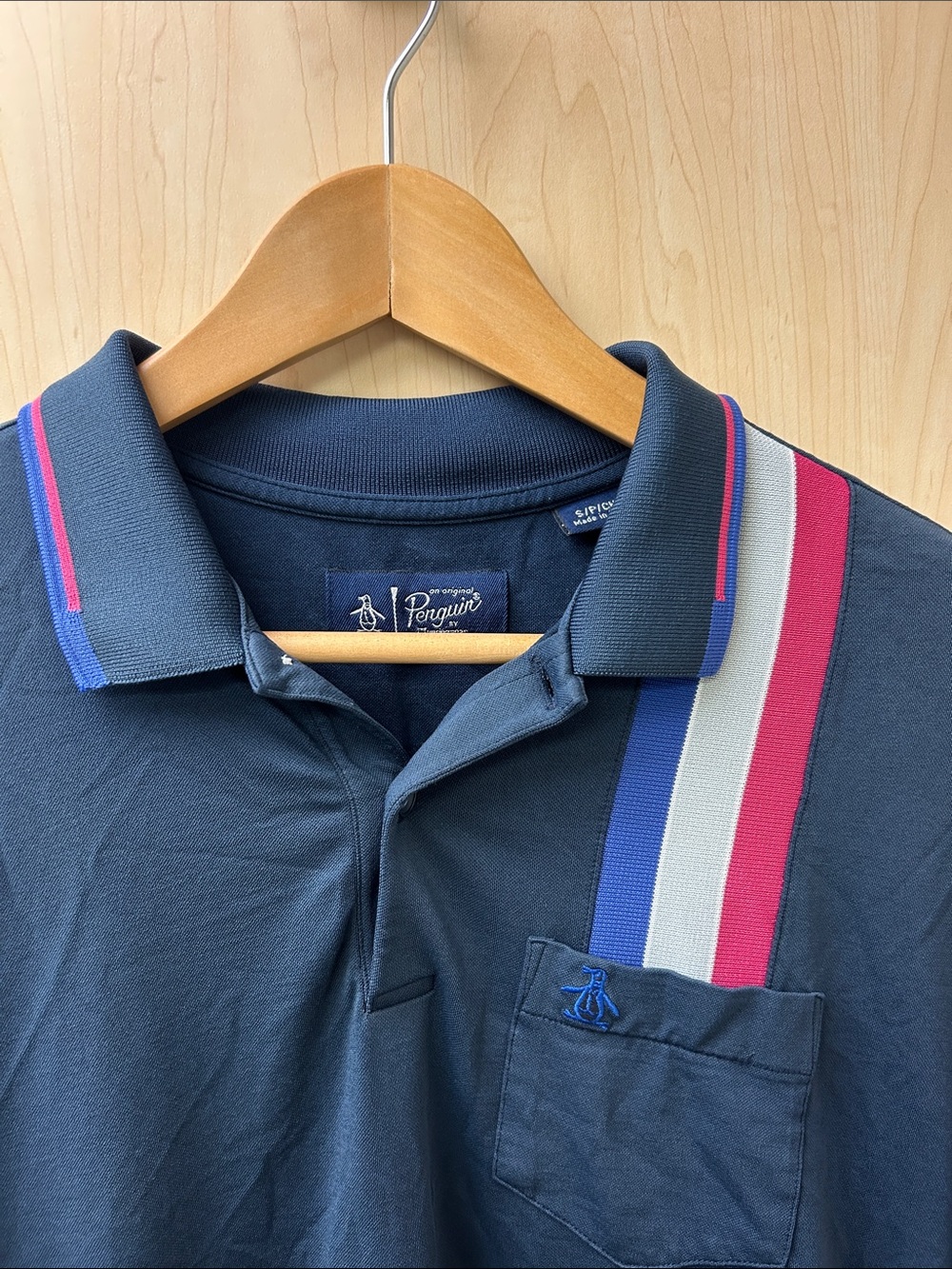 Original Penguin Navy Polo with Pink, White & Blue Shoulder Stripes